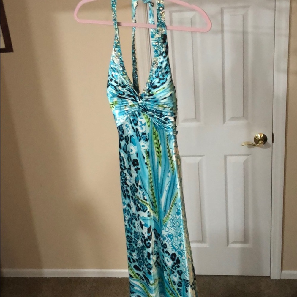 Aqua blue Cheetah print prom dress